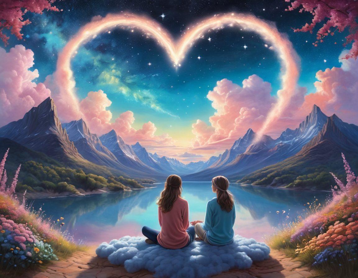 A dreamy landscape featuring soft, fluffy clouds that form heart shapes, intertwined with a digital network of glowing connections symbolizing hosting solutions. Below, a couple sits on a cloud, gazing at the stars, with romantic elements like flowers and gentle lighting enhancing the whimsy. The overall color palette should evoke warmth and love, using soft pastels and bright highlights to create a magical atmosphere. super-realistic. vibrant colors. whimsical style.