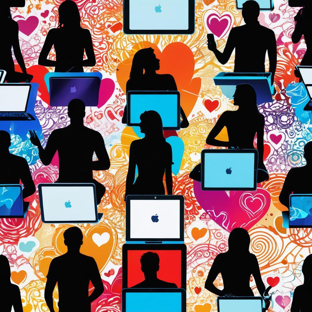A vibrant digital collage showcasing the transformation of adult relationships on the web, featuring intertwined hearts made of data streams, silhouettes of diverse couples communicating via laptops and smartphones, and symbols of passion and connection like flame and heart icons. The background should evoke a dynamic online environment with playful abstract shapes and colors. modern illustration. bright colors. white background.